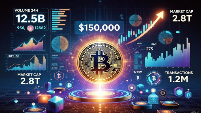 bitcoin-150k-all-time-high- Bitcoin digital coin with rising price chart showing cryptocurrency hitting record $150,000