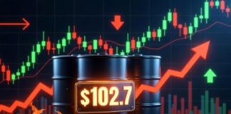 Brent crude oil price rising above 102 dollars per barrel with stock market charts and investment flow indicators