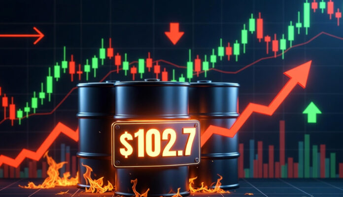 brent-crude-102-fii-selling Brent crude oil price rising above 102 dollars per barrel with stock market charts and investment flow indicators