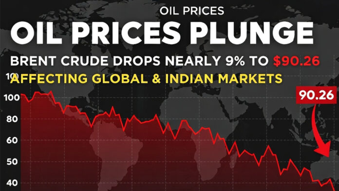 brent-crude-oil-price-drop- Global oil price chart showing Brent crude falling sharply to $90 per barrel in international markets.