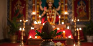 Chaitra Navratri 2026 Ghatasthapana ritual with Kalash and Durga idol during the Hindu New Year Vikram Samvat 2083.