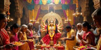 Devotees performing Chaitra Navratri worship of Goddess Durga with traditional decorations and lamps