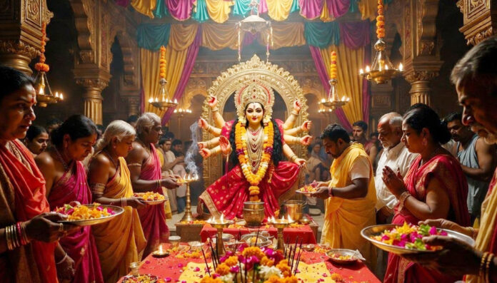 chaitra-navratri-2026-godde Devotees performing Chaitra Navratri worship of Goddess Durga with traditional decorations and lamps