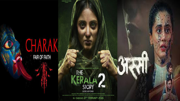 charak-box-office-day-1-low Charak movie box office collection chart with low opening day figures of ₹10 lakh, alongside The Kerala Story 2 and Assi posters, March 2026 Bollywood update