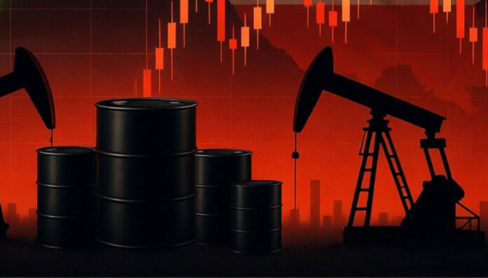 oil refinery with rising flames representing crude oil price surge amid global tensions