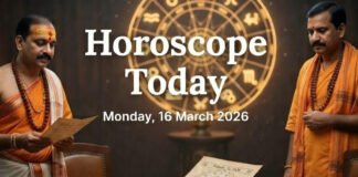 Astrologer reading zodiac horoscope chart for March 16, 2026 with symbols of Aries to Pisces