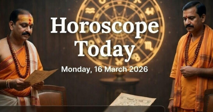 Daily Horoscope March 16 2026 Zodiac Predictions by Ajay Kaushik Astrologer reading zodiac horoscope chart for March 16, 2026 with symbols of Aries to Pisces