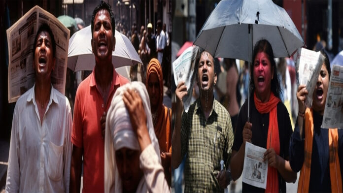 delhi-heat-record-march-202 Hot sunny day in Delhi with people walking under strong sunlight during record March heat