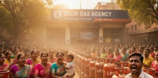 People waiting in long queues outside LPG gas agency in Delhi during cooking gas shortage