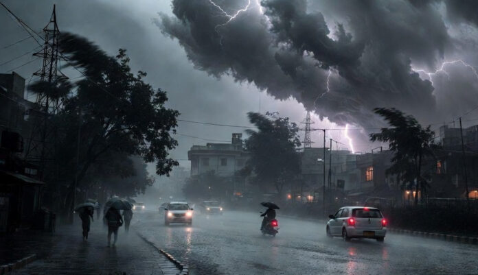 delhi-ncr-rain-storm-weathe Heavy rain and dark clouds over Delhi NCR with lightning and strong winds