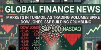 US stock market display showing Dow Jones falling sharply amid rising oil prices and escalating geopolitical tensions in West Asia
