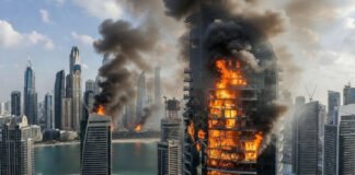 Dubai Marina skyline with 23 Marina Tower after missile interception debris incident