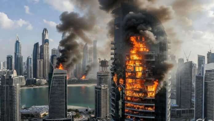 dubai-marina-tower-missile- Dubai Marina skyline with 23 Marina Tower after missile interception debris incident