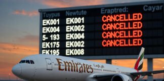 Emirates aircraft at Dubai airport as Israel-Iran conflict disrupts regional flights