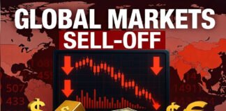 Global financial market crash chart showing falling stocks, gold, and bonds amid geopolitical tensions.