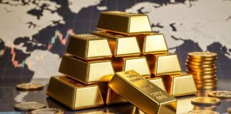 Gold bars and coins representing rising global gold prices amid international tensions