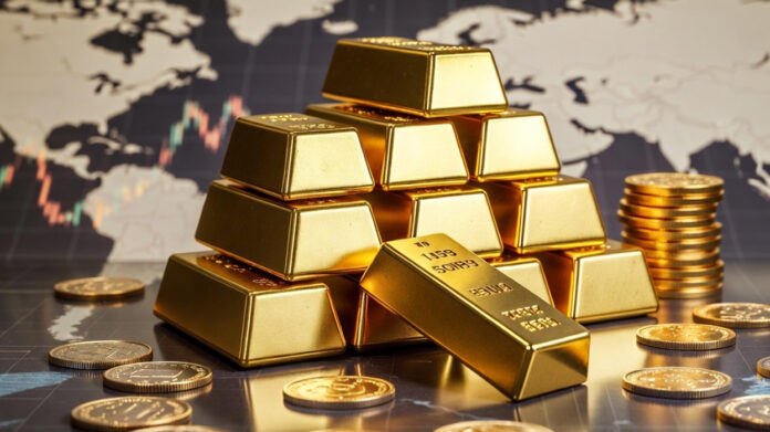 gold-price-surge-global-mar Gold bars and coins representing rising global gold prices amid international tensions