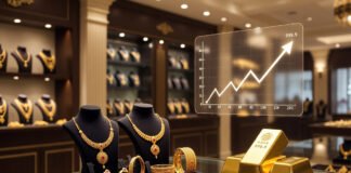 Gold jewellery display and bullion bars with rising price charts ahead of Akshaya Tritiya in India
