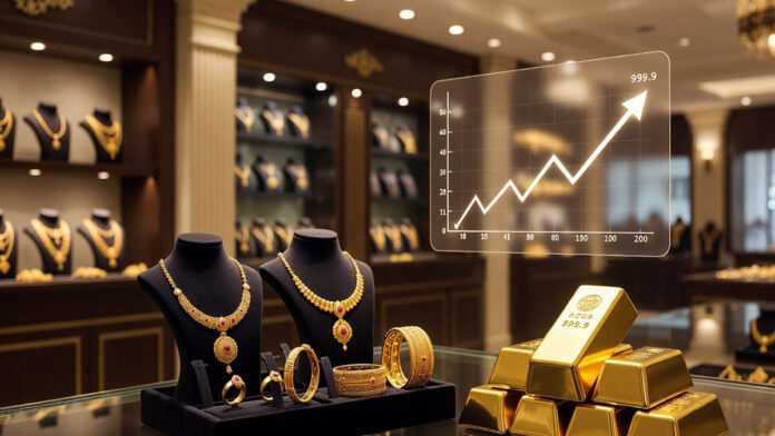 gold-prices-akshaya-tritiya Gold jewellery display and bullion bars with rising price charts ahead of Akshaya Tritiya in India