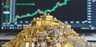 Gold and silver price surge with bullion bars and coins representing rising precious metal rates in global markets.
