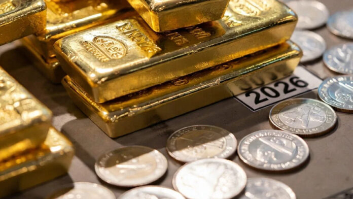 gold-silver-price-surge-ind Gold bars and silver bullion showing sharp price surge amid geopolitical tensions