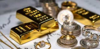 Gold bars and silver coins stacked with rising price chart indicating surge in bullion rates