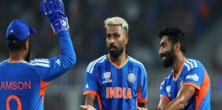Hardik Pandya batting during a T20 World Cup match as he approaches a major T20I record against England.