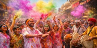 People celebrating Holi festival in India throwing colorful gulal powder during Holi 2026 celebrations.