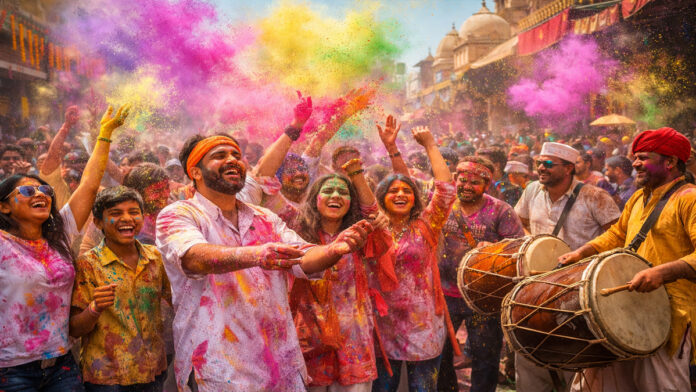 holi-2026-celebrations-indi People celebrating Holi festival in India throwing colorful gulal powder during Holi 2026 celebrations.