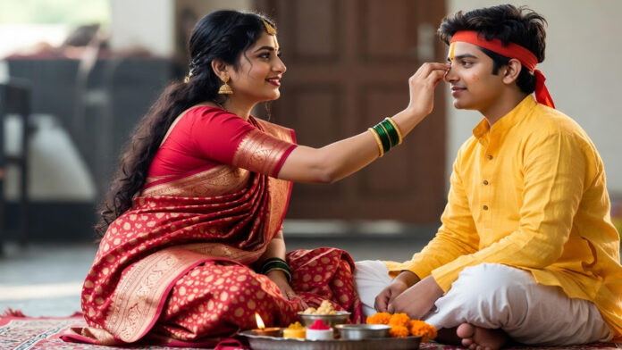 holi-bhai-dooj-2026-tilak-r Holi Bhai Dooj ritual with sister applying tilak on brother during Hindu festival