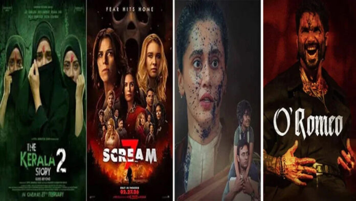 holi-box-office-the-kerala- Crowds outside an Indian movie theater during Holi weekend as posters of The Kerala Story 2, Assi, O Romeo, and Scream 7 display box office competition.