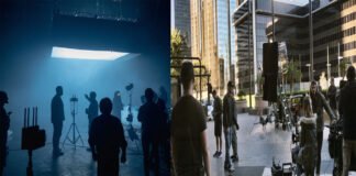 Empty Hollywood film set with idle crew and equipment reflecting production slowdown and job losses