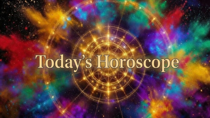horoscope-today-4-march-202 Astrology horoscope chart with zodiac signs during Holi festival representing daily horoscope predictions for March 4, 2026.