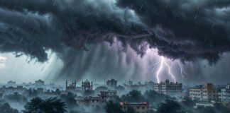 Dark rain clouds and lightning during a thunderstorm over North India as IMD issues weather alert