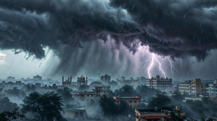 imd-weather-alert-heavy-rai Dark rain clouds and lightning during a thunderstorm over North India as IMD issues weather alert