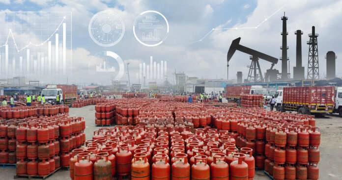 india-lpg-supply-natural-ga LPG gas cylinders stacked at an Indian distribution center as the government revises natural gas allocation to secure domestic LPG supply.