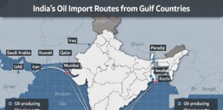 Map showing India oil import routes from Gulf countries