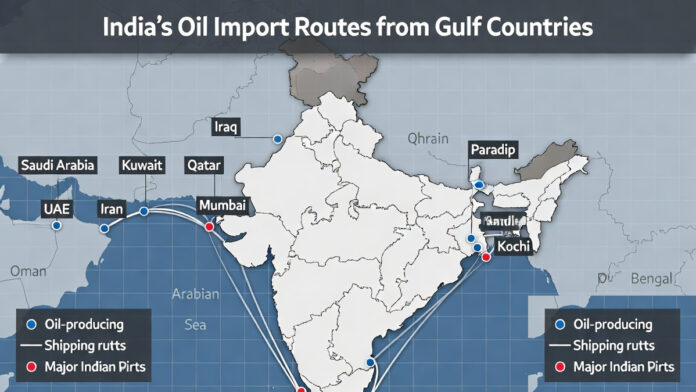 india-oil-import-route-map- Map showing India oil import routes from Gulf countries