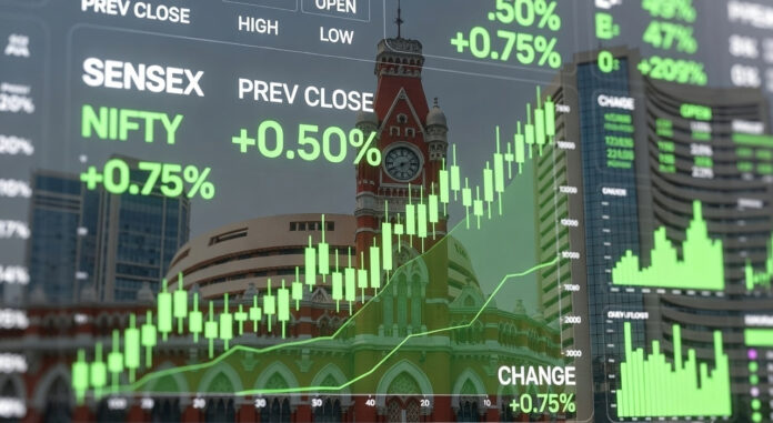 india-stock-market-sensex-n Indian stock market opening Sensex Nifty surge green trading screen chart