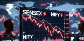 Indian stock market crash showing Sensex and Nifty falling sharply as rupee hits record low amid West Asia tensions