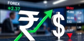 Indian rupee and US dollar currency notes with a digital forex market chart showing rupee falling to a record low.