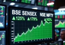 Indian Stock Market Ends Higher on Strong Global Cues and Falling Oil Prices Indian stock market rally with BSE Sensex and NSE Nifty rising on digital trading screen after falling crude oil prices boost investor sentiment.