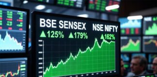 Indian stock market rally with BSE Sensex and NSE Nifty rising on digital trading screen after falling crude oil prices boost investor sentiment.