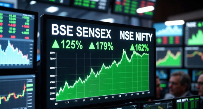 indian-stock-market-sensex- Indian stock market rally with BSE Sensex and NSE Nifty rising on digital trading screen after falling crude oil prices boost investor sentiment.