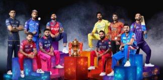 IPL 2026 cricket match with players in action and packed stadium crowd under lights in India