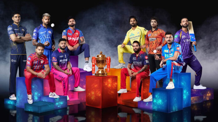 ipl-2026-full-schedule-indi IPL 2026 cricket match with players in action and packed stadium crowd under lights in India