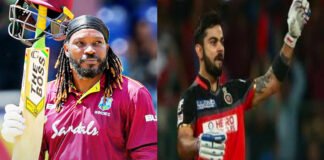 Chris Gayle celebrating after scoring a historic IPL century representing one of the most iconic records in IPL history.