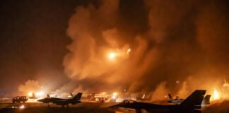 Missile and drone attack on Prince Sultan Air Base in Saudi Arabia with damaged aircraft and smoke