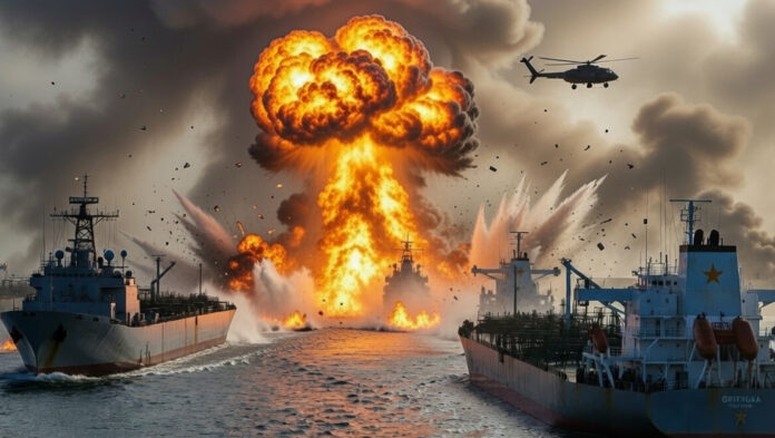 iran-hormuz-strait-conflict Military ships and oil tankers passing through the Strait of Hormuz amid rising Middle East conflict tensions.