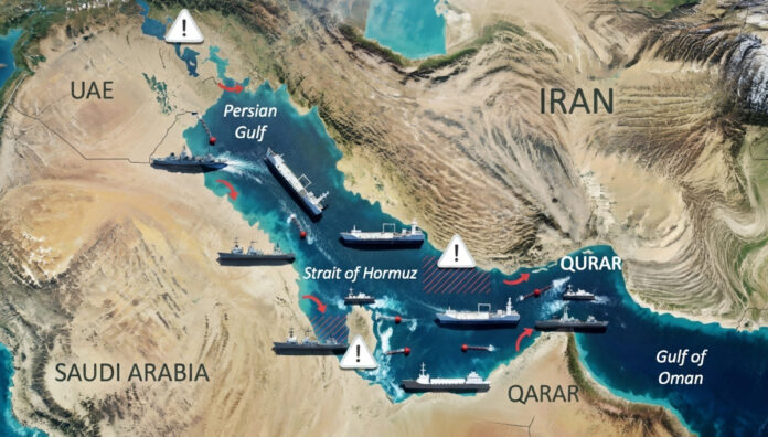 iran-strait-of-hormuz-block Strait of Hormuz blockade Iran war 2026 oil tanker route Middle East conflict map